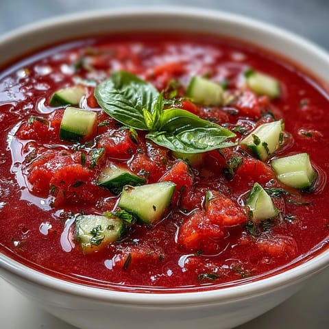 Vibrant bowl of Slim Summer Gazpacho, a chilled Spanish soup with fresh cucumber, tomato, and bell pepper.