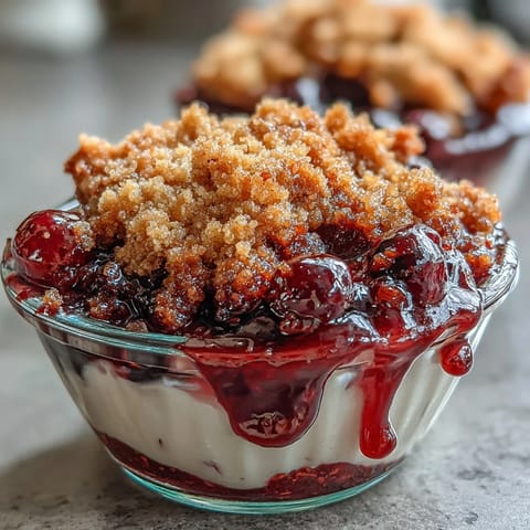 Warm berry crumble with oat topping, golden and bubbling with juicy mixed berries and crisp streusel.