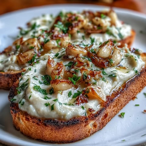Creamy white bean and roasted garlic spread slathered over crispy sourdough toast, garnished with fresh thyme.  