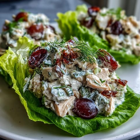 Fresh Greek yogurt chicken salad with grapes and celery wrapped in crisp lettuce leaves for a healthy, protein-rich meal.  