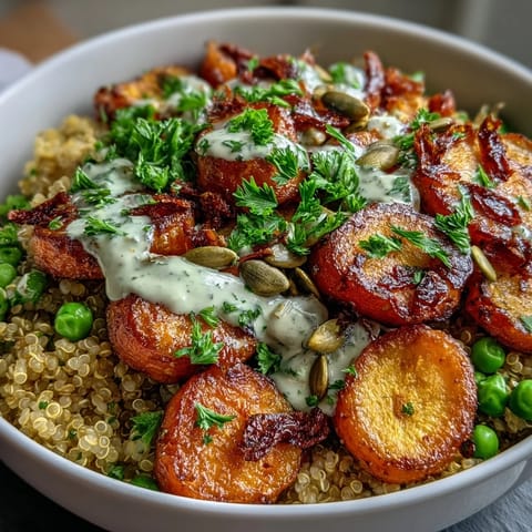 Warm quinoa bowl with roasted carrots and green peas, topped with fresh parsley and a tangy lemon dressing for a nourishing meal.