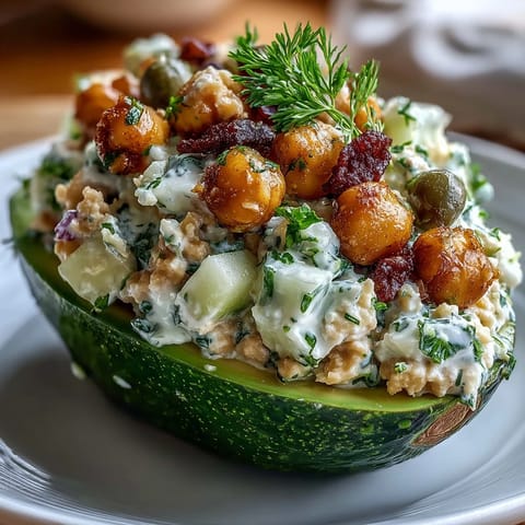 Zesty vegan chickpea salad with crunchy celery and pickles piled into buttery avocado halves.
