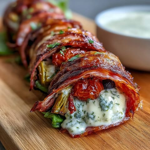Picnic-ready Italian sub skewers with homemade aioli, stacked with salami, ham, mozzarella, and veggies on bamboo sticks.  