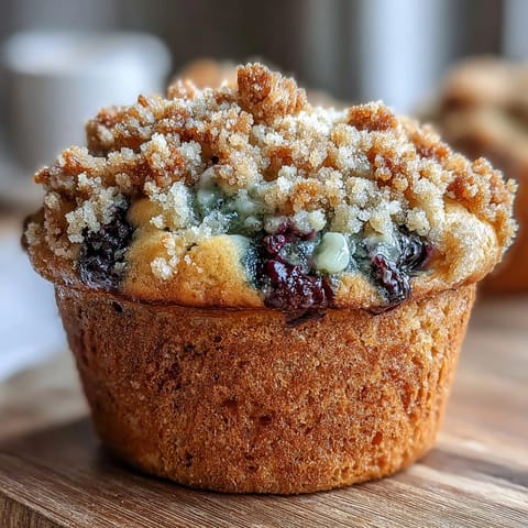 Lemon Blueberry Sourdough Crumb Muffins with golden streusel topping and fresh blueberries.