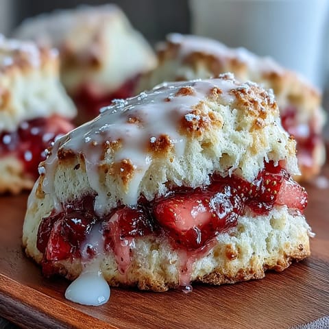 Golden lemon glazed strawberry scones topped with fresh berries and a drizzle of citrus icing.