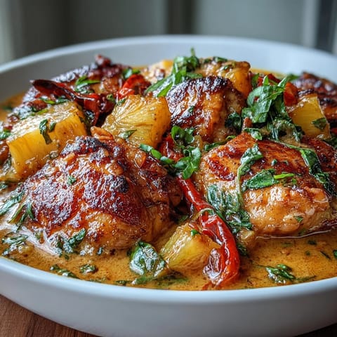 A steaming bowl of one-pot chicken pineapple coconut curry with tender chicken, sweet pineapple, and creamy coconut sauce.  