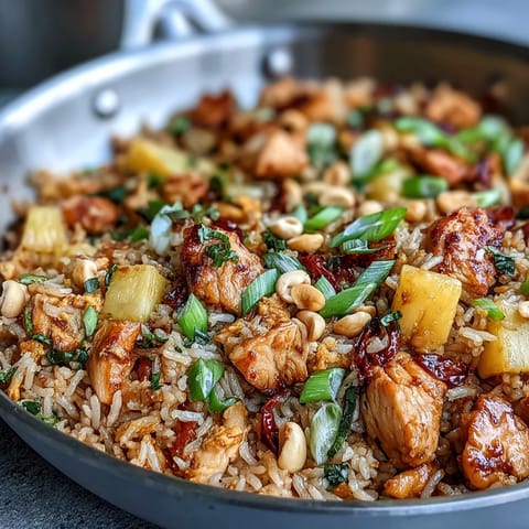 Close-up of a steaming bowl of Hawaiian pineapple chicken fried rice, garnished with green onions and roasted cashews.  