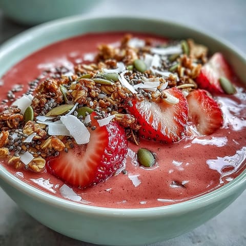 Vibrant strawberry matcha latte smoothie bowl topped with fresh strawberries, crunchy granola, and coconut flakes for a refreshing breakfast.