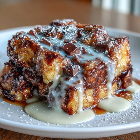 Decadent chocolate croissant bread pudding with rich custard and buttery pastry, baked golden and dusted with powdered sugar.