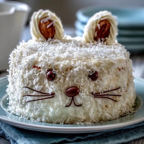 Festive Easter Bunny Cake with Coconut Frosting, featuring fluffy vanilla layers and a whimsical bunny shape.