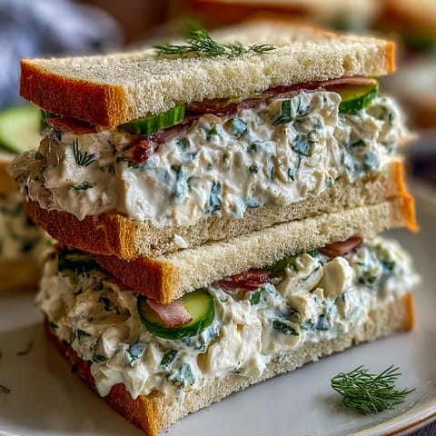 Three finger sandwiches—cucumber, egg salad, and ham—arranged on a white platter with fresh herbs for a Kentucky Derby tea sandwich trio.