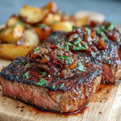 Garlic Butter Steak Bites and Potatoes sizzling in a cast-iron skillet with golden potatoes and fresh herbs.