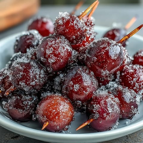 Frozen grape skewers with lime sugar, a frosty, tangy-sweet summer snack on a stick, perfect for cooling off.
