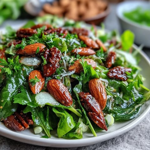 Fresh spring green salad with honey mustard dressing and toasted almonds, a crisp and vibrant vegetarian dish.  