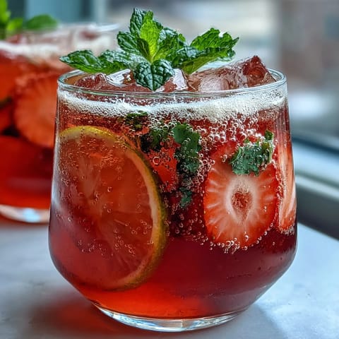 Vibrant strawberry lemon sparkling mocktail with fresh fruit, mint, and ice in chilled glasses.