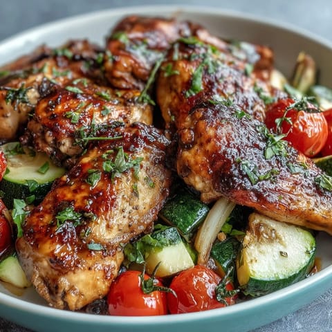 Juicy chicken breasts with zucchini and cherry tomatoes on a colorful sheet pan dinner, perfect for a quick spring meal.