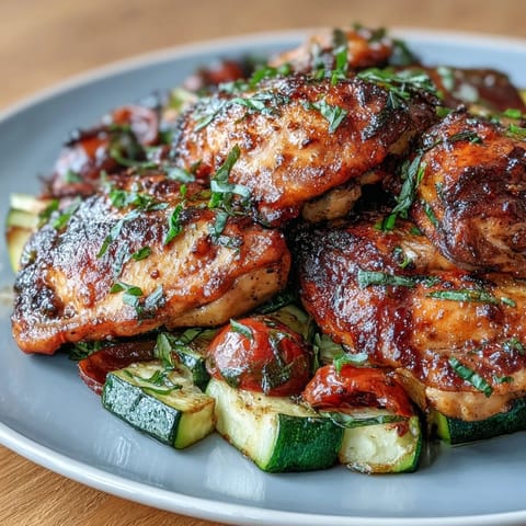 Vibrant spring sheet pan dinner with tender chicken, roasted zucchini, and burst cherry tomatoes, ideal for weeknight cooking.