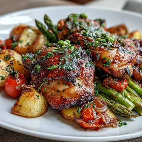 Healthy Easy Sheet Pan Chicken with Spring Veggies sizzling on a colorful sheet pan, juicy chicken breasts surrounded by crisp asparagus and vibrant cherry tomatoes.