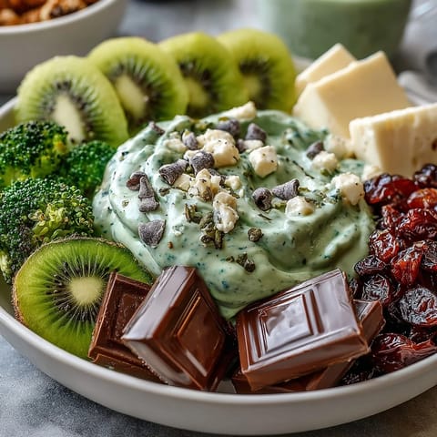 Vibrant green snack board with fresh fruits, veggies, cheeses, and festive treats perfect for St. Patrick's Day celebrations.  
