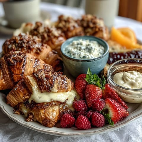 Elegant brunch board with assorted pastries, fresh fruit, and mimosas for a festive Mothers Day celebration.