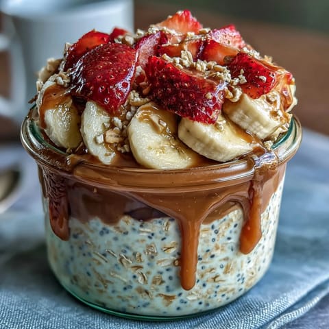 Creamy strawberry banana overnight oats with chia seeds, layered with fresh berries and banana slices for a wholesome breakfast.