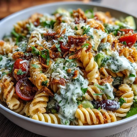 Vibrant Easy Taco Pasta Salad loaded with black beans, corn, and avocado, topped with crushed tortilla chips for crunch.  
