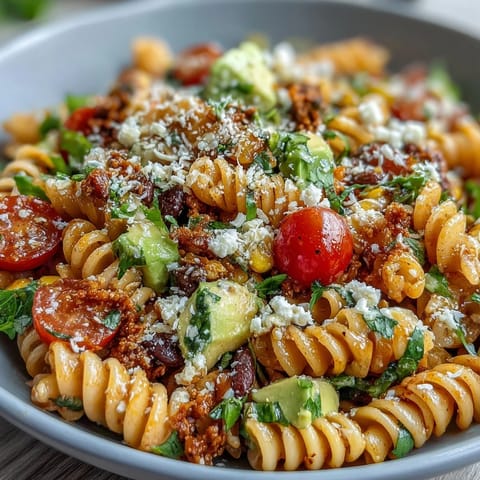 Easy Taco Pasta Salad with colorful veggies and creamy taco dressing, perfect for summer potlucks and casual gatherings.  