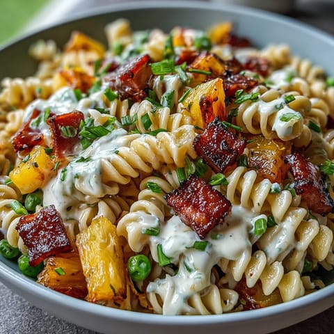 A refreshing Hawaiian pasta salad featuring diced ham, juicy pineapple, and crisp veggies tossed in tangy ranch dressing.  
