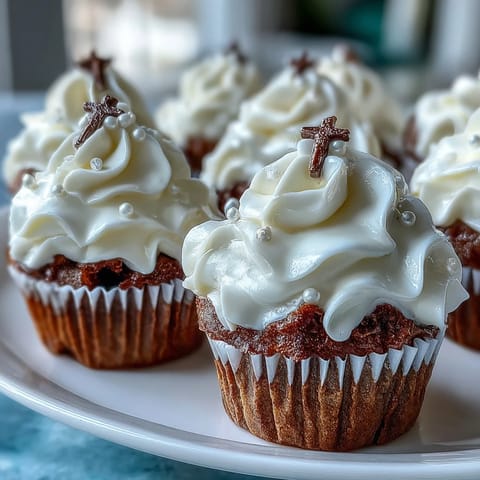 Mini First Communion Cupcakes with Rosary Fondant Toppers: delicate vanilla mini cupcakes frosted with creamy buttercream and topped with handcrafted fondant rosary toppers, perfect for sacred celebrations.