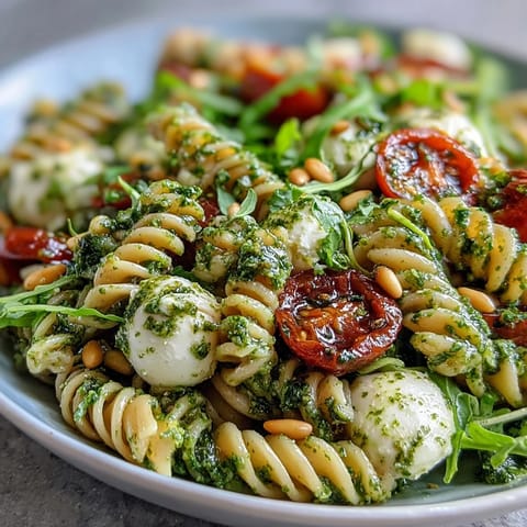 Fresh pasta salad featuring aromatic basil pesto, juicy cherry tomatoes, and creamy mozzarella balls in a colorful, inviting bowl.  