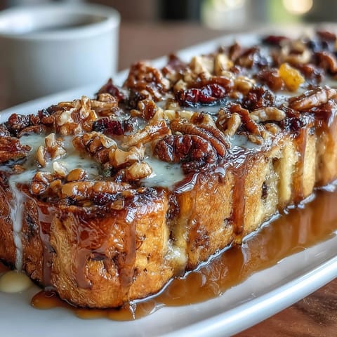 Warm slice of capirotada mexicana with melted cheese, toasted nuts, and dried fruit on a rustic plate.