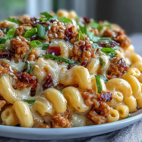 Creamy macaroni and cheese topped with sweet-spicy Korean-style turkey crumbles and fresh scallions.