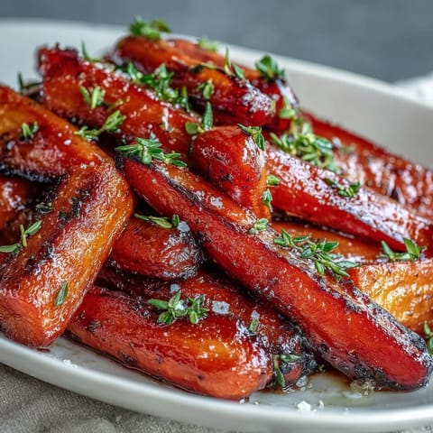 Honey roasted carrots with thyme, tender and sweet, served warm with a glossy glaze that enhances their natural earthy flavor.