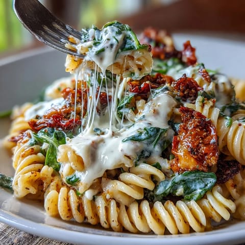 Creamy One-Pot Tuscan Pasta with spinach, sun-dried tomatoes, and white wine in a skillet.