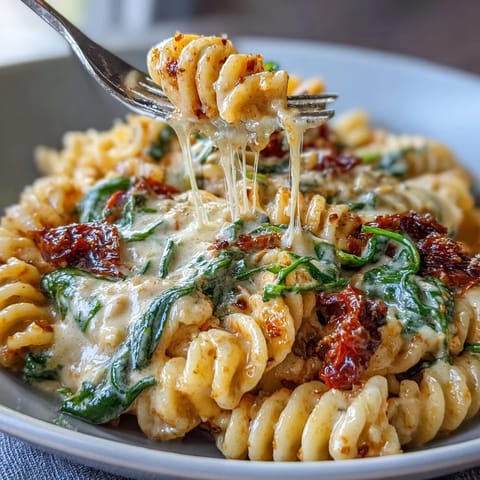 One-Pot Tuscan Pasta: penne cooked with spinach, sun-dried tomatoes, and Parmesan in rich cream sauce.