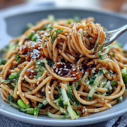 Cold sesame noodles tossed in creamy ginger sauce, topped with crisp cabbage, edamame, and fresh herbs for vibrant flavor.