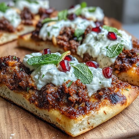 Golden baked flatbread topped with savory spiced lamb, fresh mint, and tangy pomegranate, drizzled with olive oil for extra richness.  