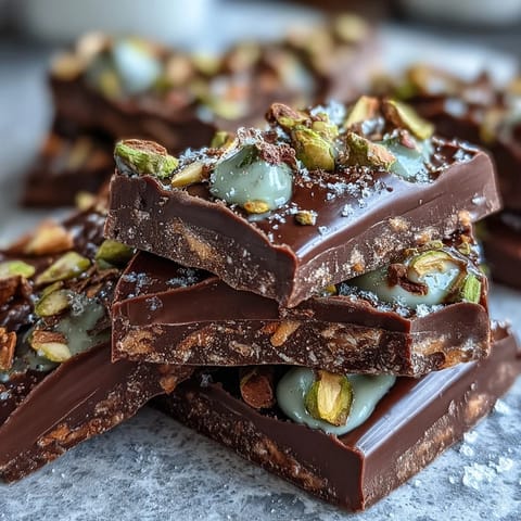 Decadent viral chocolate bark featuring golden kataifi, pistachio cream, and rich dark chocolate coating.  