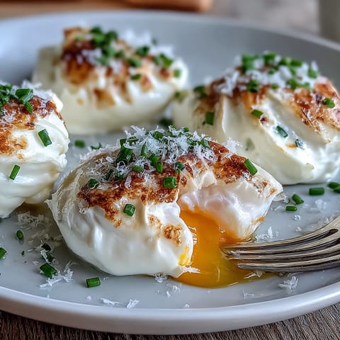 Fluffy cloud eggs with perfectly baked whites and runny golden yolks, garnished with fresh chives and Parmesan cheese.