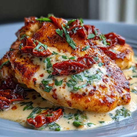 Creamy Marry Me Chicken with sun-dried tomatoes and garlic in a rich Parmesan sauce, served golden and bubbling.