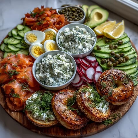 2. Elegant smoked salmon bagel board featuring silky salmon slices, ripe avocado, and assorted toppings for a festive brunch.  