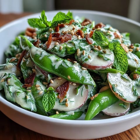 Crisp snap pea and radish salad with creamy tahini dressing, fresh herbs, and toasted sesame seeds.  
