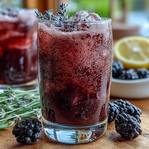 A vibrant glass of sparkling blackberry lavender lemonade with fresh berries and lemon slices, perfect for summer refreshment.