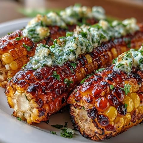 Memorial Day Grilled Corn with Herbed Butter 4 Ways - golden corn cobs charred on the grill, served with vibrant parsley-chive, basil-lemon, cilantro-lime, and Parmesan-paprika butters.