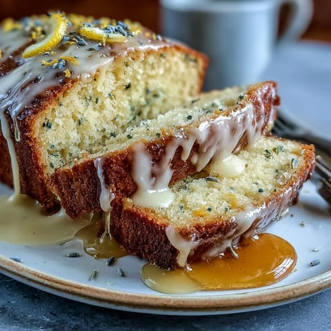 A golden loaf cake infused with lemon zest and lavender, drizzled with a glossy honey glaze and ready to slice.  