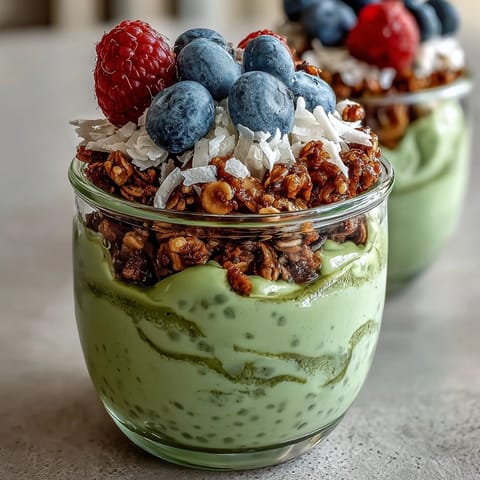 Creamy fiber-rich avocado chia pudding parfait layered with vibrant berries and granola.
