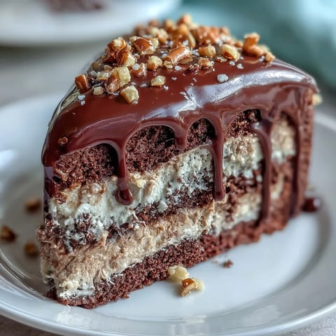 Decadent Father's Day Chocolate Peanut Butter Pretzel Cake with rich ganache.