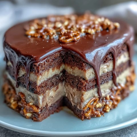 Irresistible chocolate peanut butter pretzel cake, perfect for Dad's special celebration.