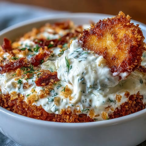 Tangy and savory Fried Pickle Dip, featuring a rich cream cheese and ranch base.