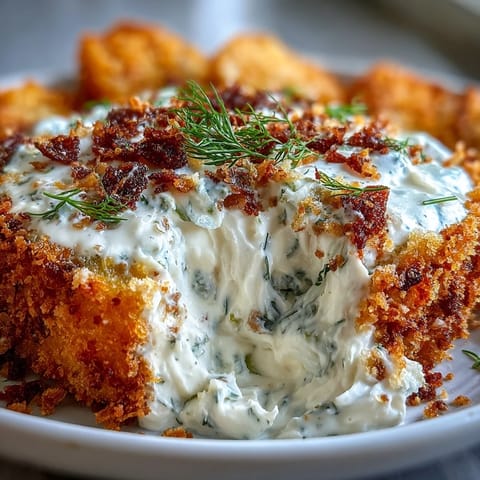 Creamy Fried Pickle Dip with a golden fried pickle garnish, perfect for dipping.